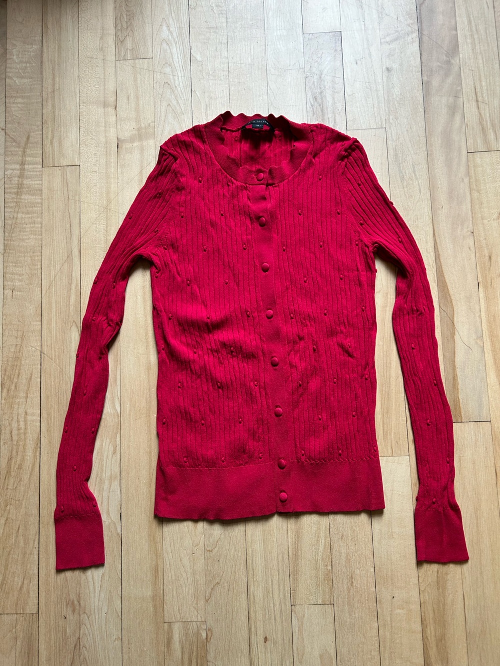Ann Taylor Red Ribbed Button-Front Cardigan